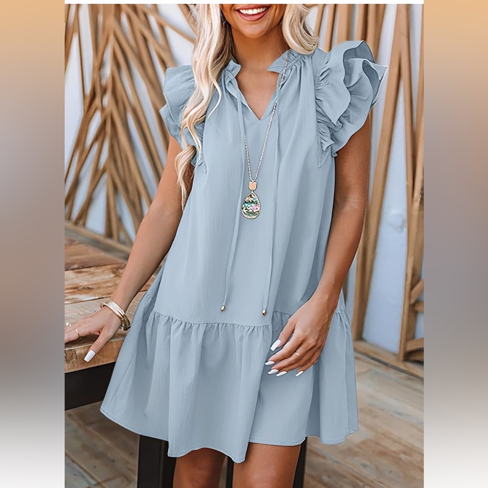 NWOT DOKOTOO Ruffled Sleeve summer Dress in Light Blue size L.
